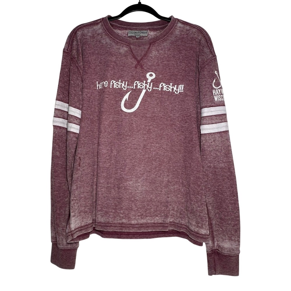 Coconut Creek Trading Co Mens Small Burgundy‎ Fishing Graphic Waffle Thermal Top